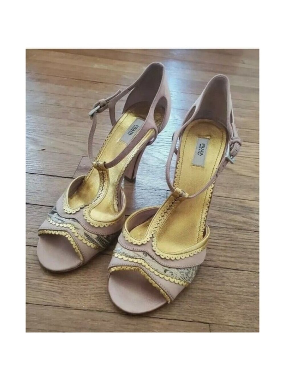 PRADA STRAPPY SANDALS PINK SATIN GOLD PYTHON HEELS EU 35.5 US 6 - Picture 5 of 9
